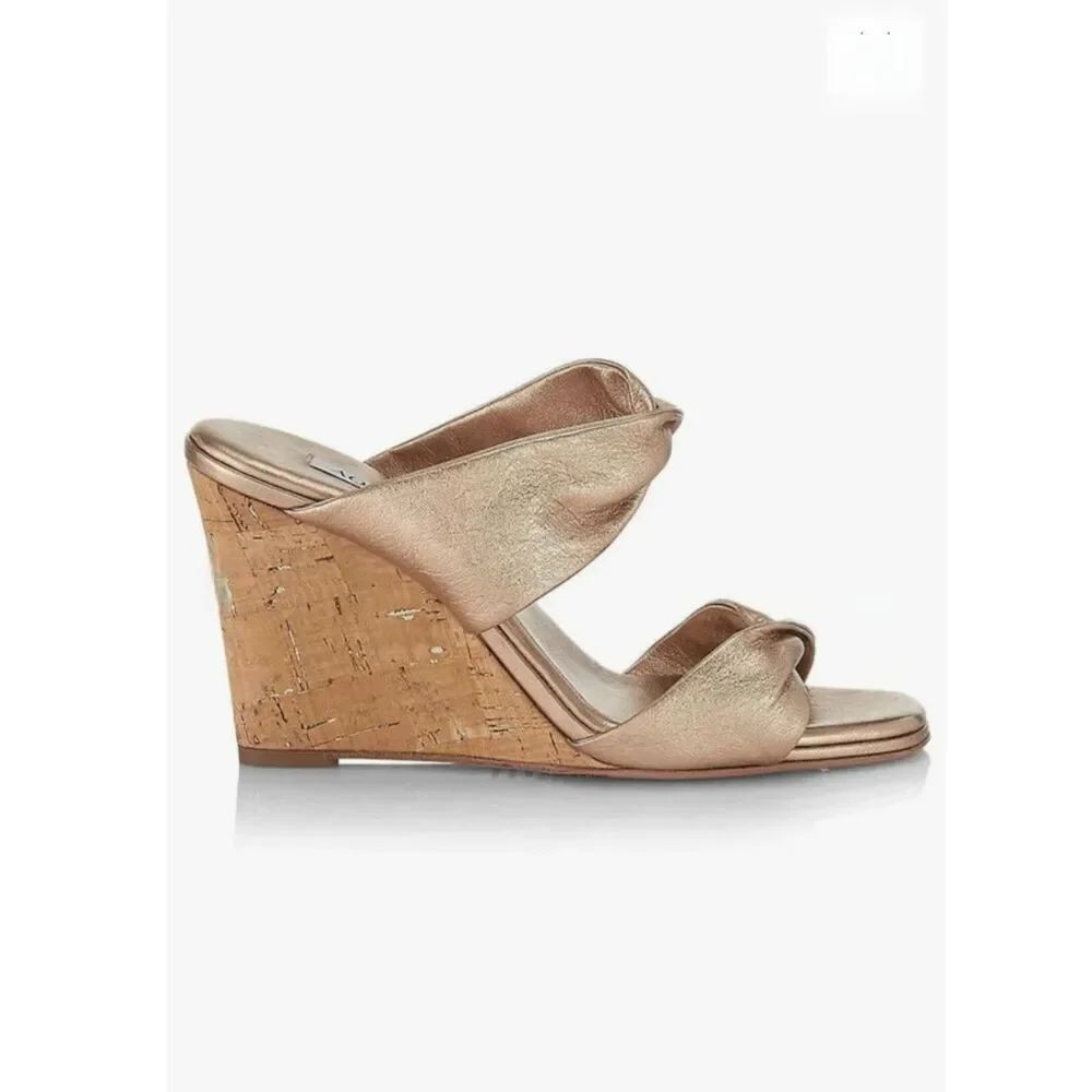 AQUAZZURA Twist Metallic Leather Wedge Mules in Light Copper $750